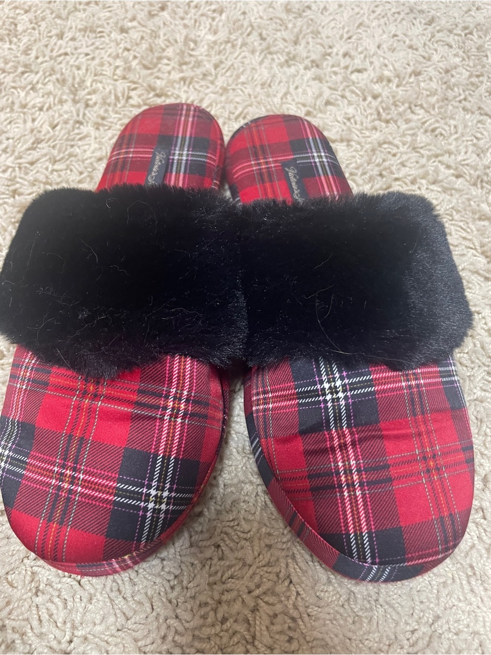 Victoria Secret Plaid Red & Black Faux Fur Slide Slippers